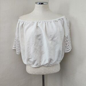 Ashley Stewart White Linen Blend Off Shoulder Crochet Lace Crop Top Womens 16W